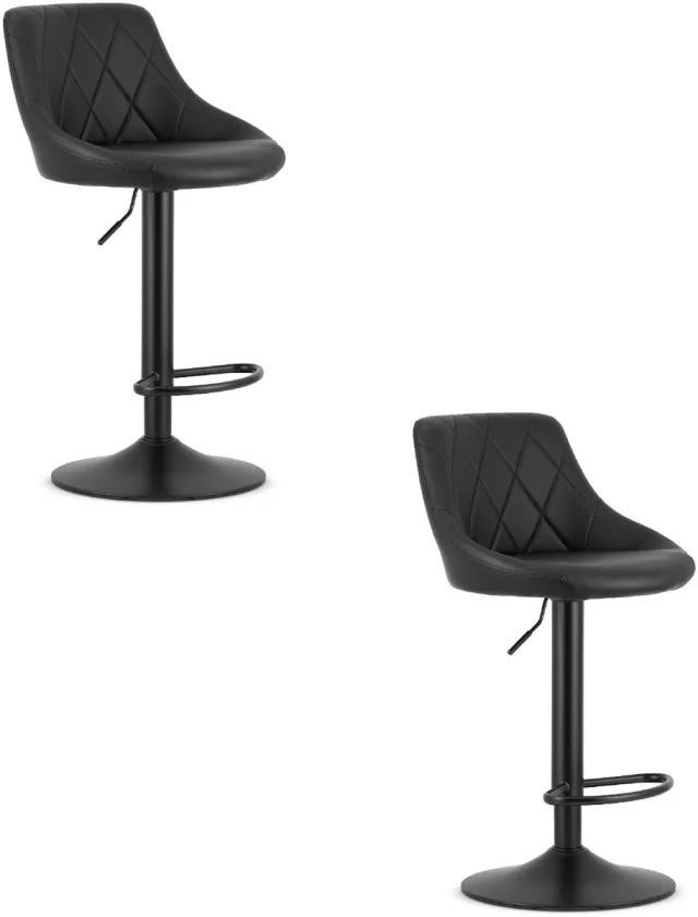 LEOBERT Set van 2 Barkrukken AREX - Kunstleer Zwart, Mat Zwarte Basis, Rugleuning, Modern Design, Hoogte Verstelbaar, 360° Draaibaar, Max. 120 kg