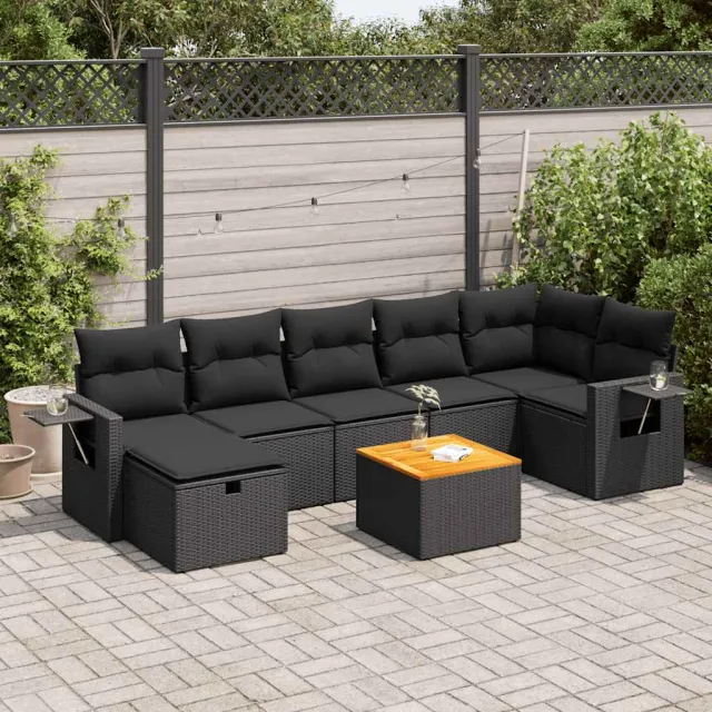 vidaXL 8-delige Loungeset met kussens poly rattan zwart, foto 2