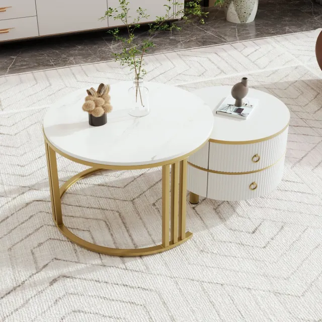 HAUSS SPOLE Salontafel - 2-in-1 Rond MDF Set Met Glanzende Platte En 2 Laden - Functioneel Voor Woonkamer - 70x70+50x50 cm - MDF + Plastic + Metaal - Wit