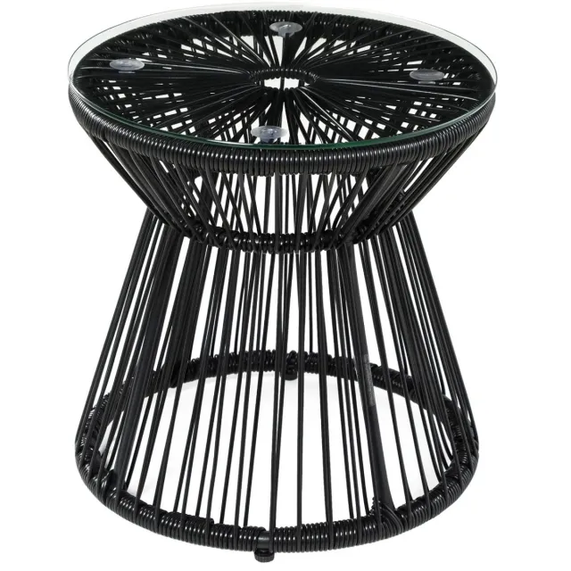 Innovastore Bijzettafel - Bistrotafel - Trommelvormige tafel - Rond blad - Glazenblad - Rotan - 40L x 40B x 42H cm -Zwart