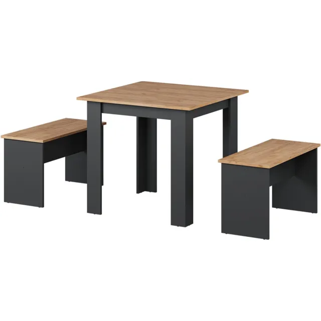 Vicco Sentio Eettafel set – 80 x 80 cm met 2 banken Antraciet/gouden eik Antraciet/Goudkleurig Eiken