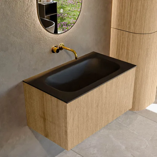 Mondiaz KURVE 80 cm Onderkast Greeploos 1 Lade Zonder Deuren Oak, Wastafel Solid Surface Volledig Urban 0 Kraangaten Zonder Spiegel (KRVBGS801L0D0KM-Oak/Urb)