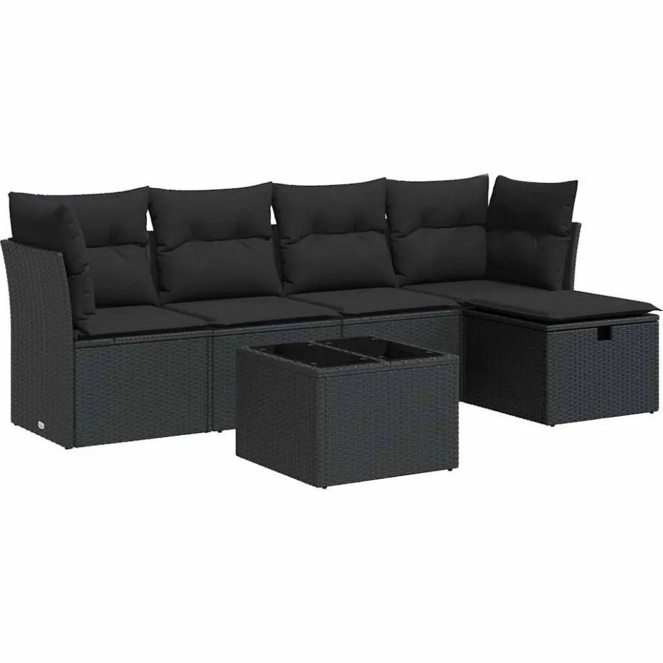 vidaXL 6-delige Loungeset met kussens poly rattan zwart, foto 3