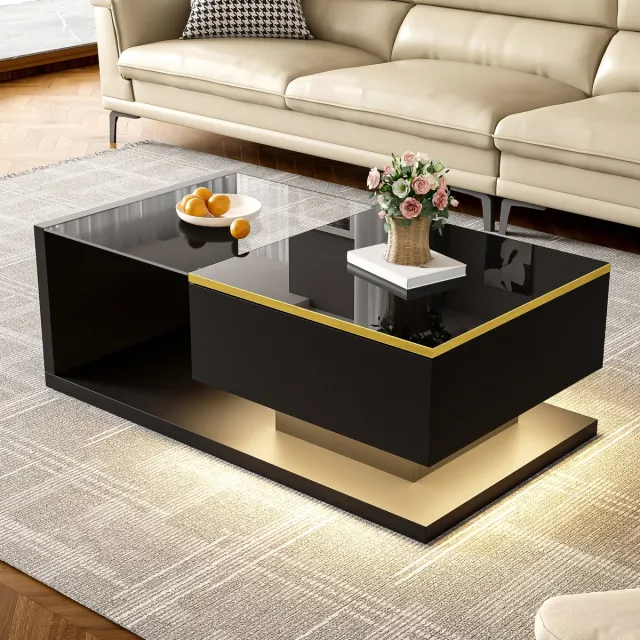 MEUNIQ Salontafel 90 x 50 x 32,5 cm met gehard glazen blad, open opbergruimte en dimbare 16-kleuren ledverlichting voor woonkamer, hoogglans zwart