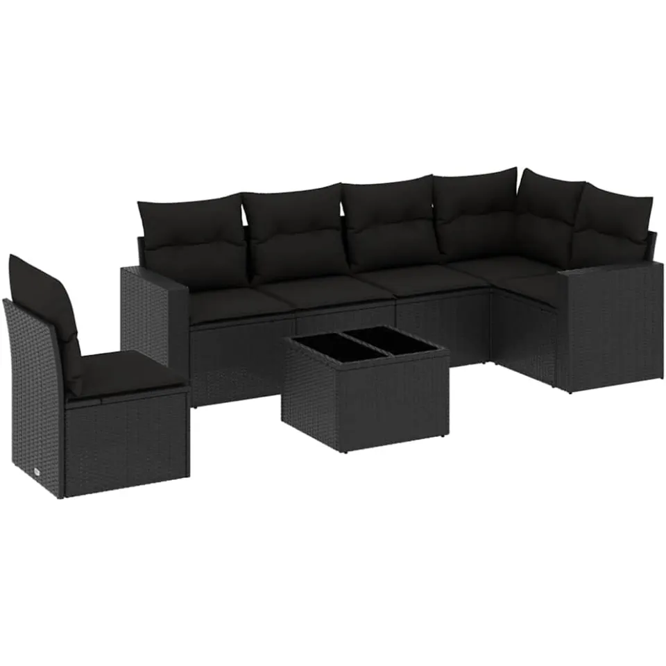 vidaXL 7-delige Loungeset met kussens poly rattan zwart, foto 3