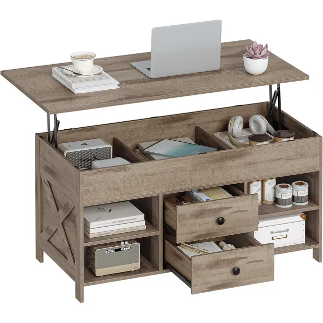 HILINSIE Salontafel, In hoogte verstelbare salontafel, 2 lades en verborgen opbergruimte met opklapbaar blad, 50 x 100 x 47,3 cm, geschikt voor woonkamer, eetkamer, camelbruin-zwart Camel Brown-Black