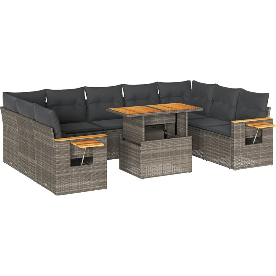 vidaXL 10-delige Loungeset met kussens poly rattan acacia grijs, foto 3