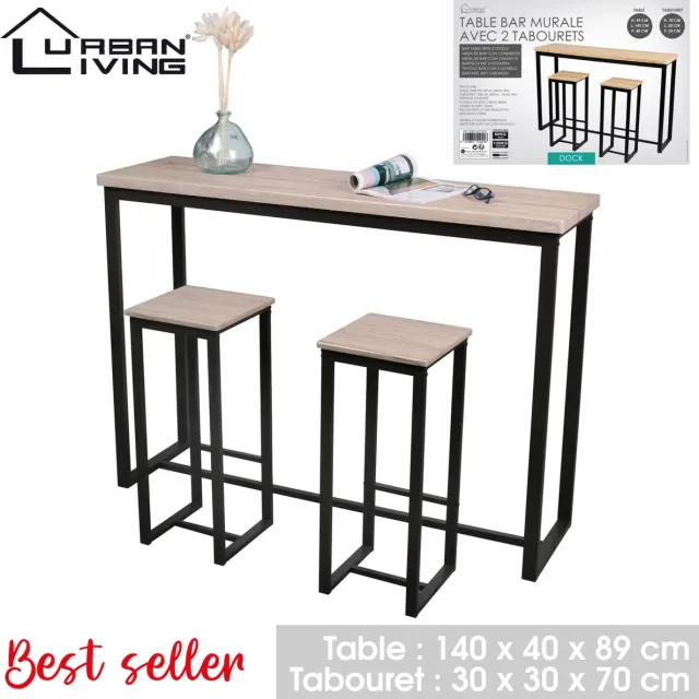 Urban Living "DOCK" Wandbartafel met 2 barkrukken - tafel 140 x 40 x H89 cm, krukken 30 x 30 x H70 cm. Zwart en lichte houtlook