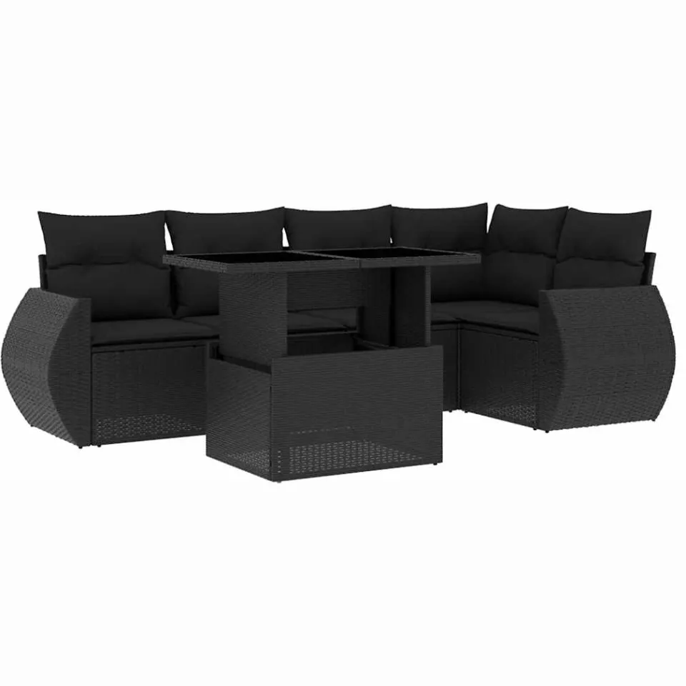 vidaXL 6-delige Loungeset met kussens poly rattan zwart, foto 3