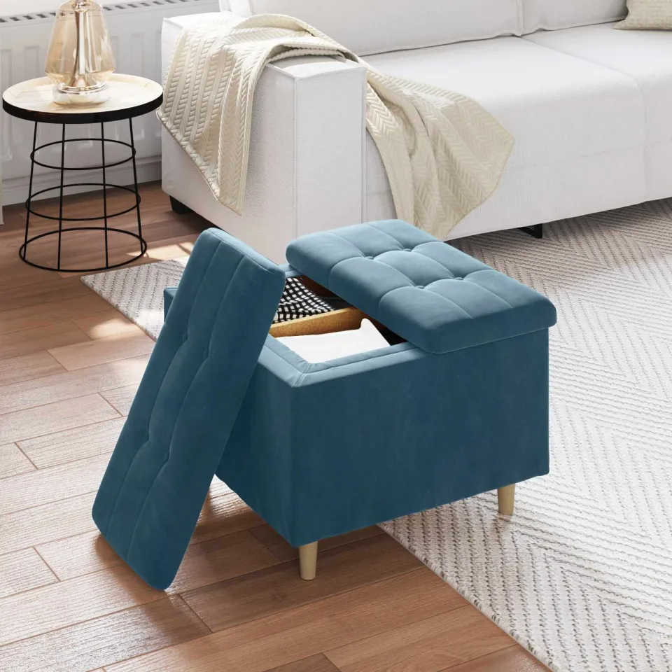 vidaXL Ottoman met Opbergruimte Blauw 60 x 60 x 45 cm Fluweel, foto 4