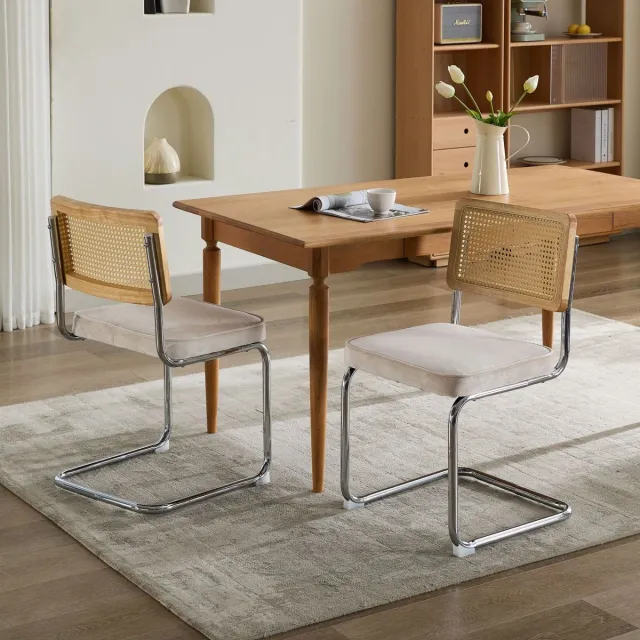 MEUNIQ eetkamerstoel set van 2 beige met velvet zitting, rotan rugleuning en metalen cantilever onderstel, mid century modern stoel voor eetkamer