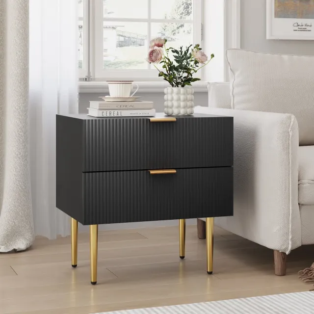 WUVRIE Nachtkastje 53 x 41,3 x 53 cm - 2 lades met groefpatroon en metalen poten - Zwart