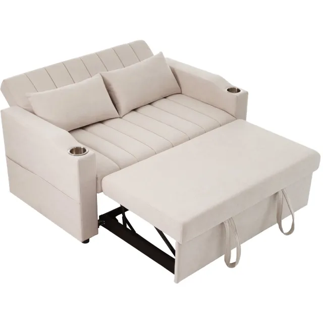 Merax 2-Zits Multifunctionele Slaapbank – Verstelbare Rugleuning – Slaapsofa met Opbergruimte en RVS Bekerhouders – Inclusief Kussens – Beige – 150 kg per Zitplaats