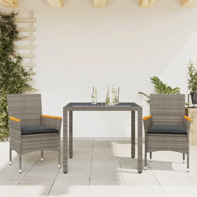 vidaXL 3-delige Tuinset met kussens poly rattan en glas grijs