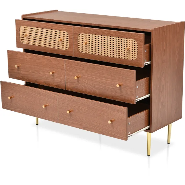 Ropilly Ladekast met zes laden - 120 x 40 x 90 cm - 2 rotan fronten - walnootkleurig hout en metaal - voor slaapkamer en woonkamer - afgeronde hoeken
