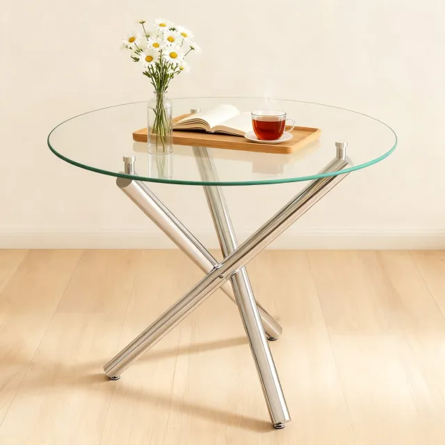 Pugsdrly Ronde eettafel met blad van gehard glas en metalen poten, salontafel, moderne minimalistische eettafel, 80 × 80 × 76 cm Zilver
