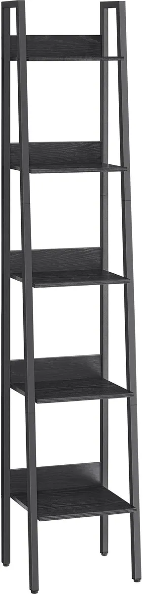 Famanu Boekenkast met ladderplank, 5 niveaus, smalle open staande plank, ideaal voor het organiseren van boeken en decoratie Zwart