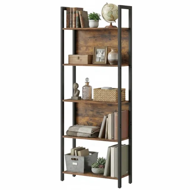 Vasagle Boekenkast - Met 5 Niveaus - Stabiel Stalen Frame - Voor Kantoor Hal Woonkamer Vintage bruin, zwart