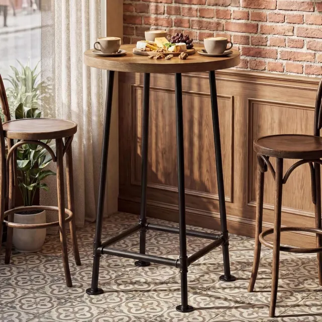 Tribesigns Ronde Bartafel - 60 x 60 x 95 cm - Industriële Bartafel met Metalen Voetsteun - Ideaal voor Keuken, Woonkamer en Eetkamer - Bruin en Zwart