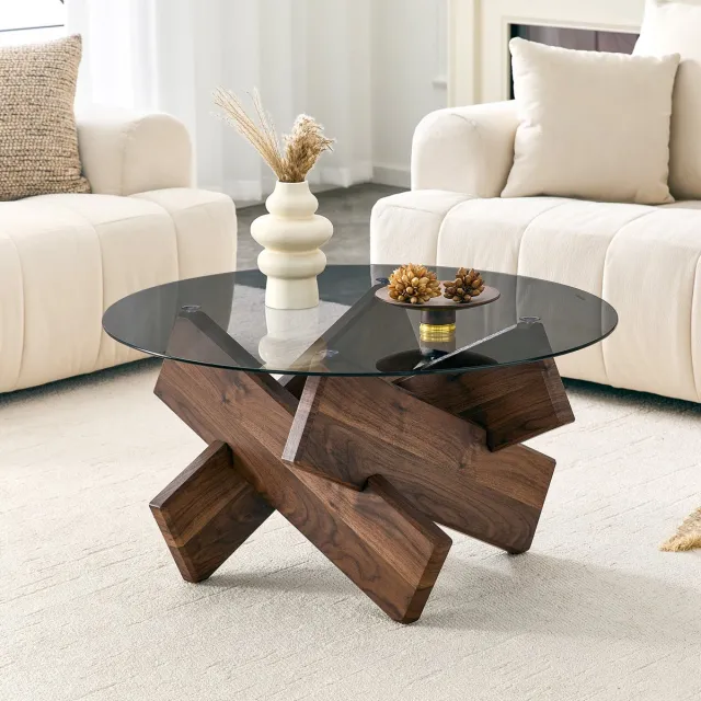 STILVORA Salontafel - Rond Glasblad Met Gehard Glas En Stevige MDF Onderbouw - Modern Voor Woonkamer - Walnoot - Ø 79 Cm Walnut