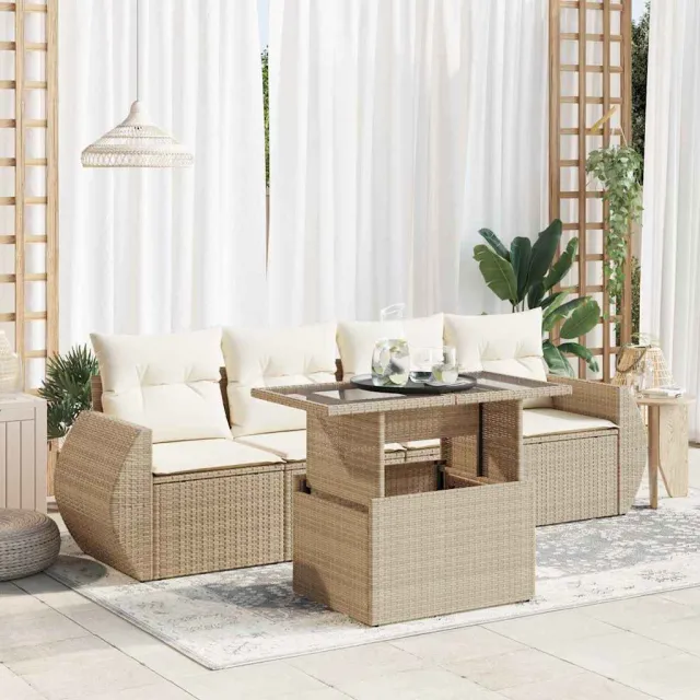 vidaXL 5-delige Loungeset met kussens poly rattan beige, foto 2