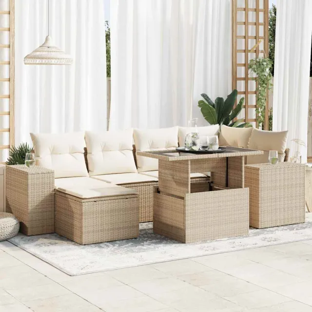 vidaXL 7-delige Loungeset met kussens poly rattan beige, foto 2