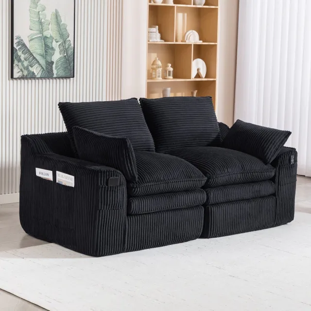 MIVRAY 2-Zitsbank 191 x 94 x 85 cm - Met Zijvakken En Kussens - Voor Woonkamer En Kantoor - Ribfluweel Zwart