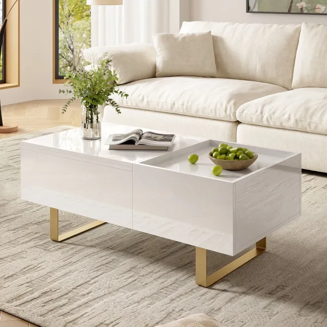 Wishdor Salontafel met hydraulisch verstelbaar tafelblad - Verborgen opbergruimte en lade - Hoogglans en modern - Woonkamer - MDF met goudkleurige ijzeren U-poten - Wit - 100 x 50 x 54,5 cm