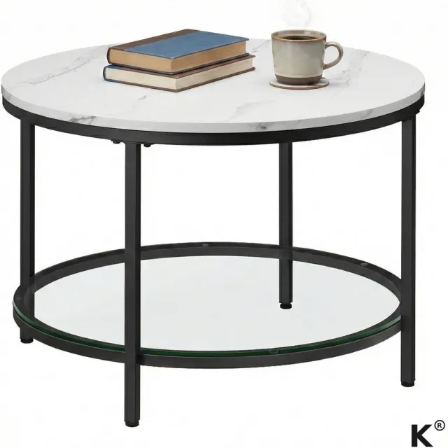 Klarven Salontafel Marmerlook Wit-Zwart - Salontafel Glas - Salontafel - Gehard Glas, Eenvoudig te Monteren - Draagvermogen 30kg Wit marmer/zwart