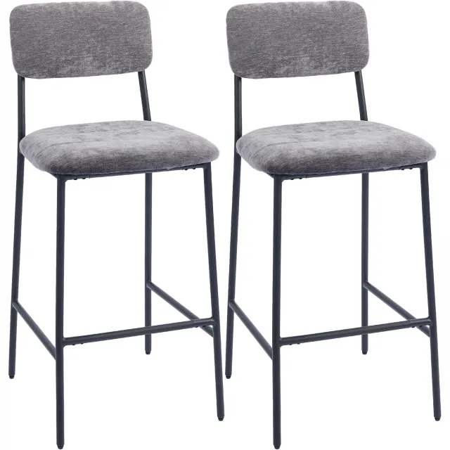 Homona Barhocker - Set van 2 - Met rugleuning en voetensteun - Chenille-stof en staal - 45,5 x 48 x 101 cm - Grijs