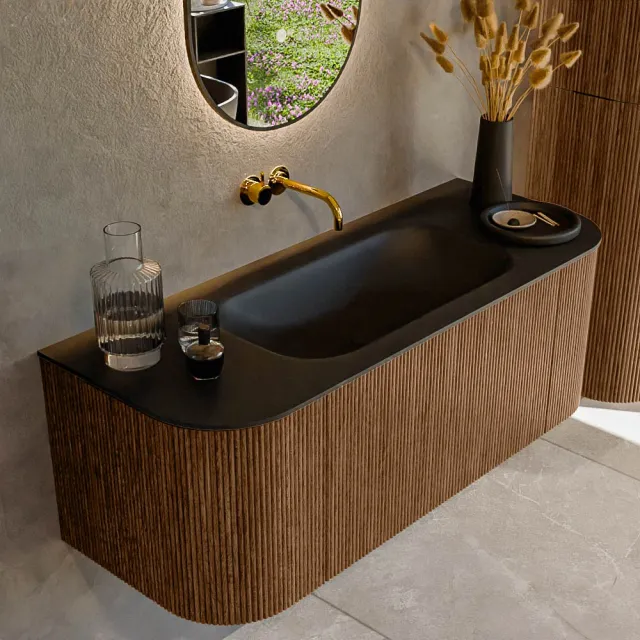 Mondiaz KURVE 120 cm Onderkast Greeploos 1 Lade Met Deuren Walnut, Wastafel Solid Surface Midden Urban 0 Kraangaten Zonder Spiegel (KRVBGS120L+R1L2D0KM-Wal/Urb)