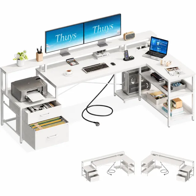 Thuys Hoekbureau – L-vormig Bureau met 2 Stoffen Laden – 189,3 x 100 cm – Monitorstandaard – 2 Stopcontacten en 2 USB-poorten – Omkeerbaar – Wit
