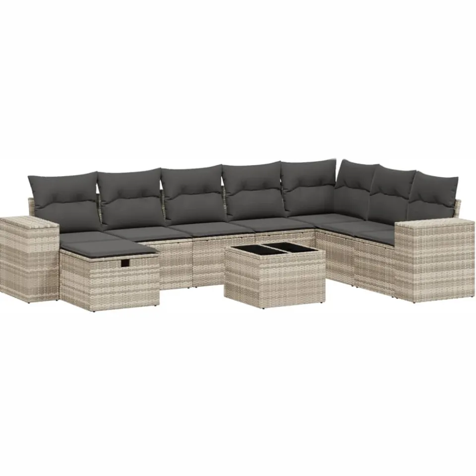 vidaXL 9-delige Loungeset met kussens poly rattan lichtgrijs