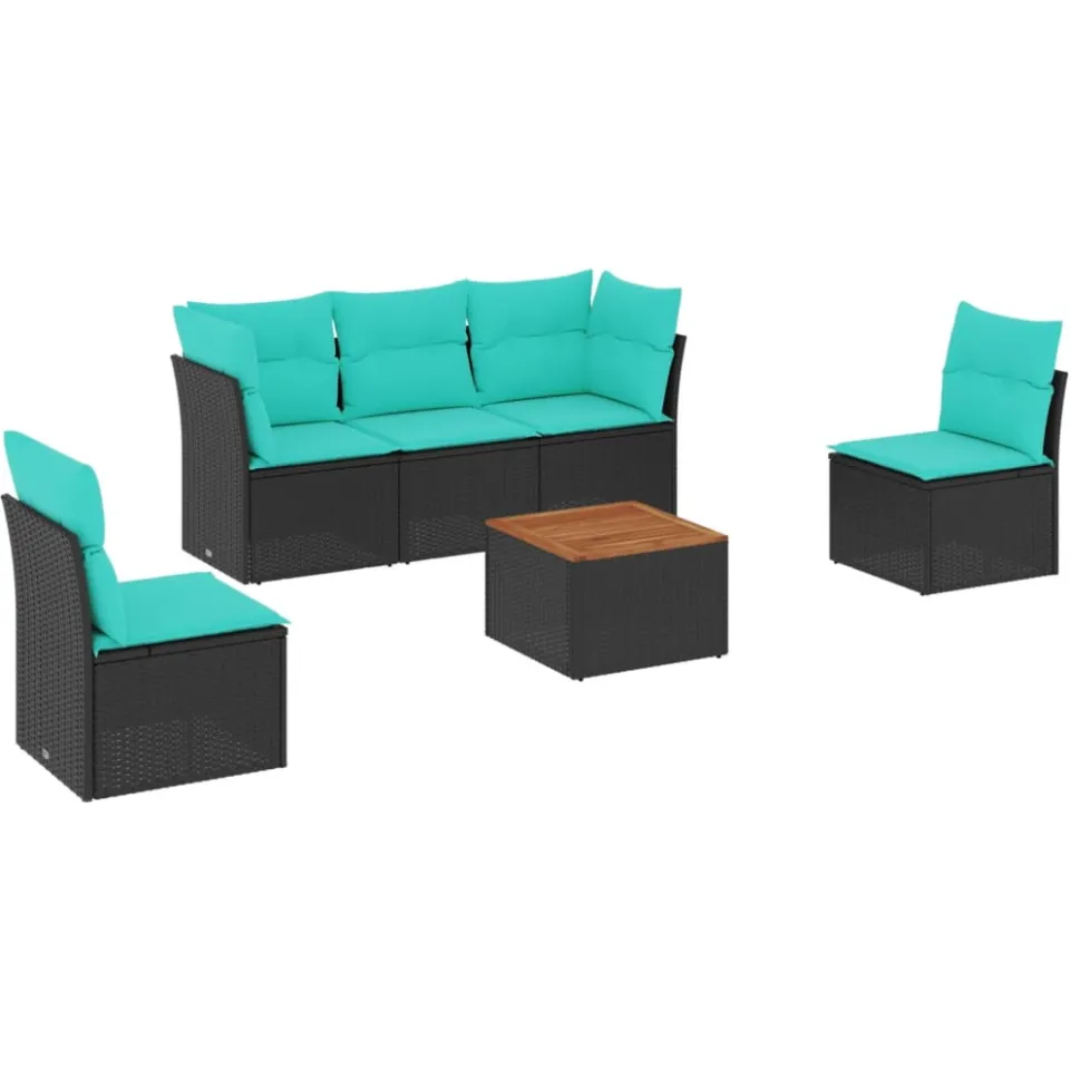 vidaXL 6-delige Loungeset met kussens poly rattan zwart, foto 3