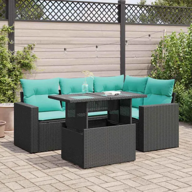 vidaXL 5-delige Loungeset met kussens poly rattan acacia zwart, foto 2