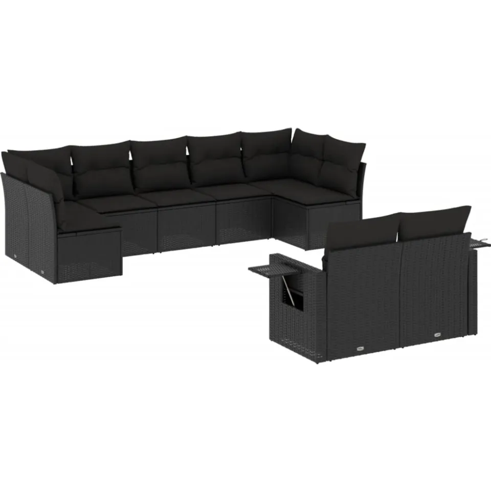vidaXL 9-delige Loungeset met kussens poly rattan zwart, foto 3