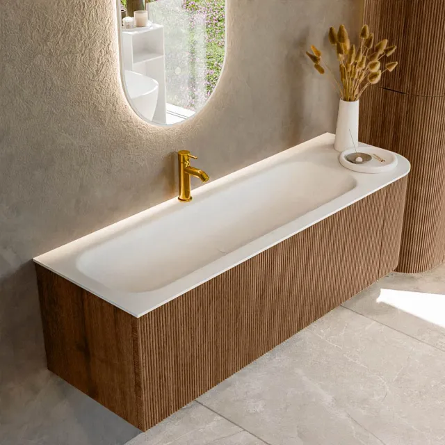 Mondiaz KURVE 145 cm Onderkast Greeploos 1 Lade Met Deuren Walnut, Wastafel Solid Surface Links Talc 1 Kraangat Zonder Spiegel (KRVBGL145R1L1D1KL-Wal/Tal)