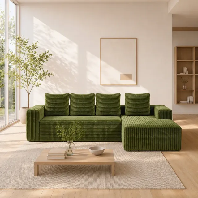 MODENUIT Hoekbank 261x168x58 Cm - Modulaire L-Vorm Met Ligdeel - 4-Zits Woonkamerbank - Ribstof Groen