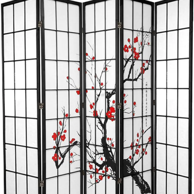 Fine Asianliving Japanse Kamerscherm B225xH180cm 5 Panelen Shoji Rijstpapier Zwart - Sakura