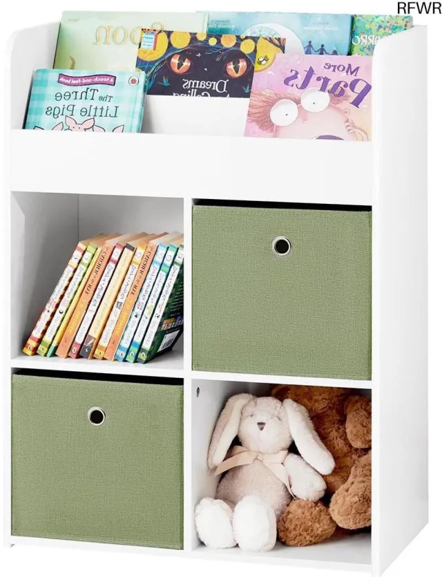 RFWR Kinderboekenkast met 3 Planken en 4 Opbergvakken voor Kinderen Wit en groen