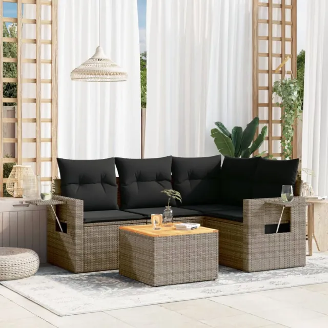 vidaXL 5-delige Loungeset met kussens poly rattan grijs, foto 2