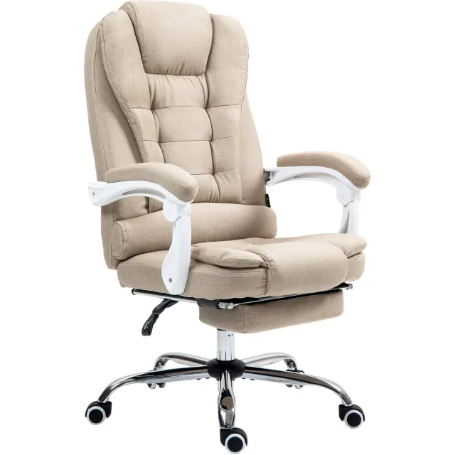 Lunpog Thuisbureaustoel met voetsteun, gekruiste stoel met wielen en opklapbare armen, Linnen bekleding verstelbare ergonomische directiestoel, comfortabele rollende computer thuisbureaustoelen (beige)
