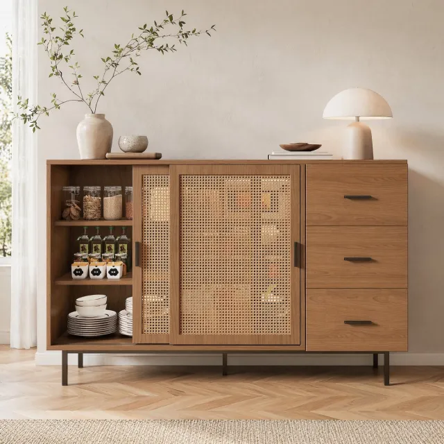 WUVRIE Dressoir 140 x 37 x 91 cm - 2 schuifdeuren, 3 lades en verstelbare planken - Naturel Natural