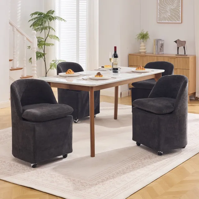 Clruro Eetkamerstoel - Set Van 2 - Polsterstoel Met Universal Rollen Armleuningloos - Schminkstoel Woonkamer - Chenille Stof Afneembare Hoes - Grijs