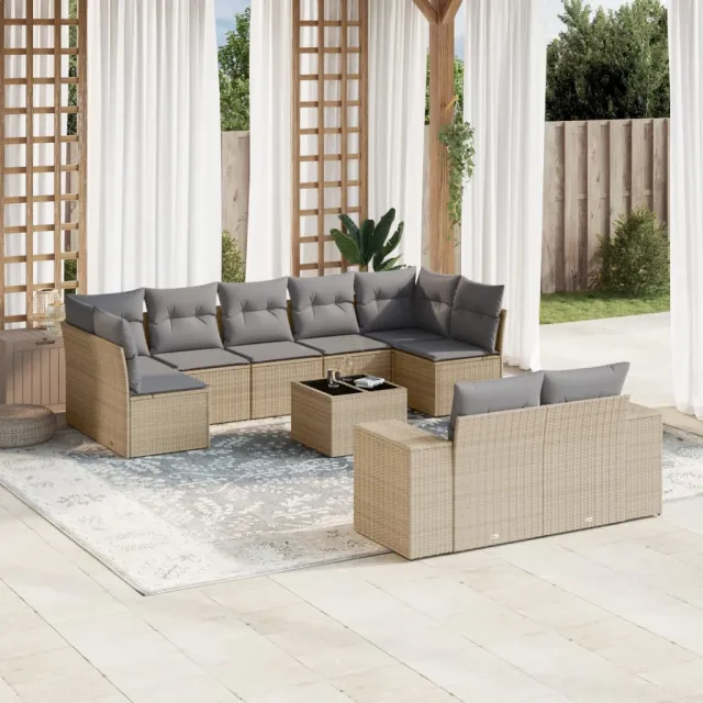 vidaXL 10-delige Loungeset met kussens poly rattan beige