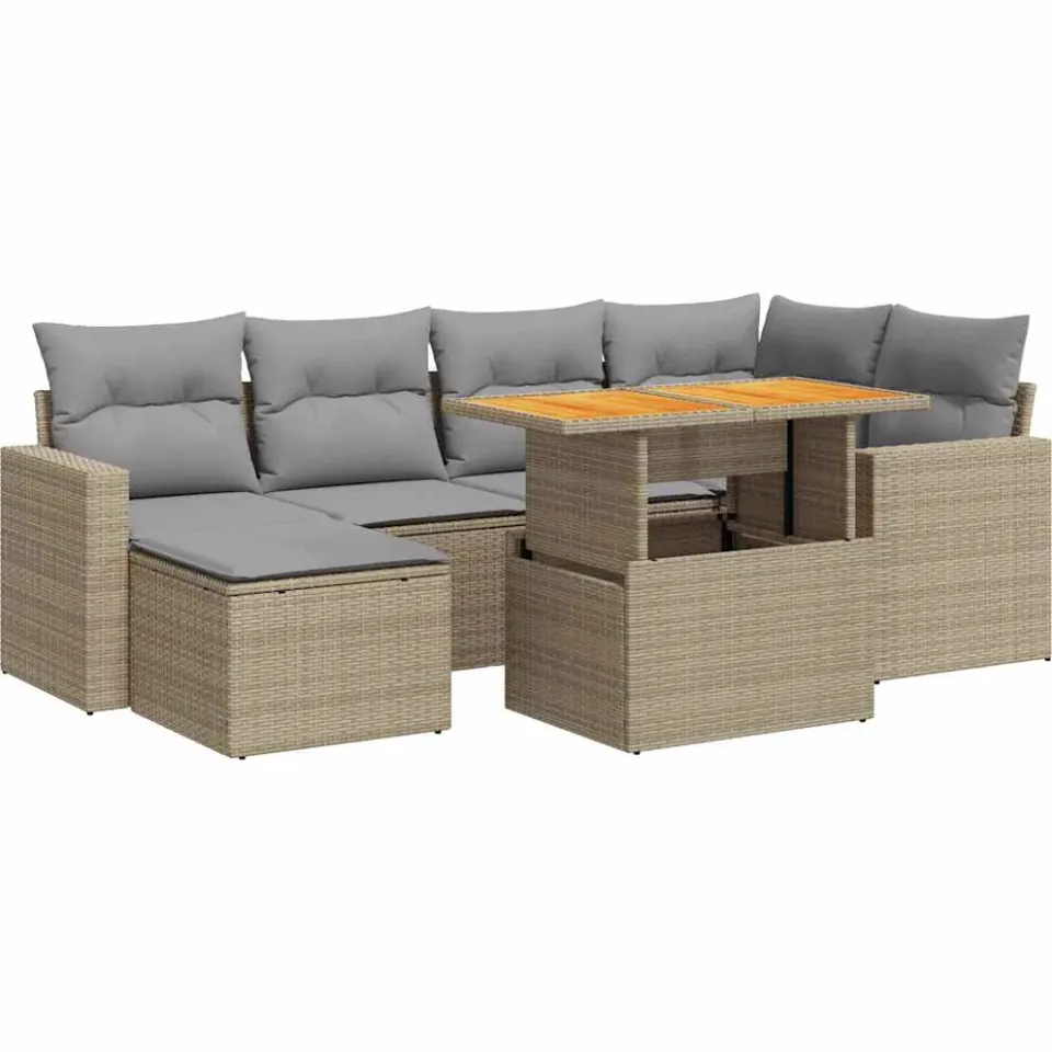 vidaXL 7-delige Loungeset met kussens poly rattan beige, foto 3