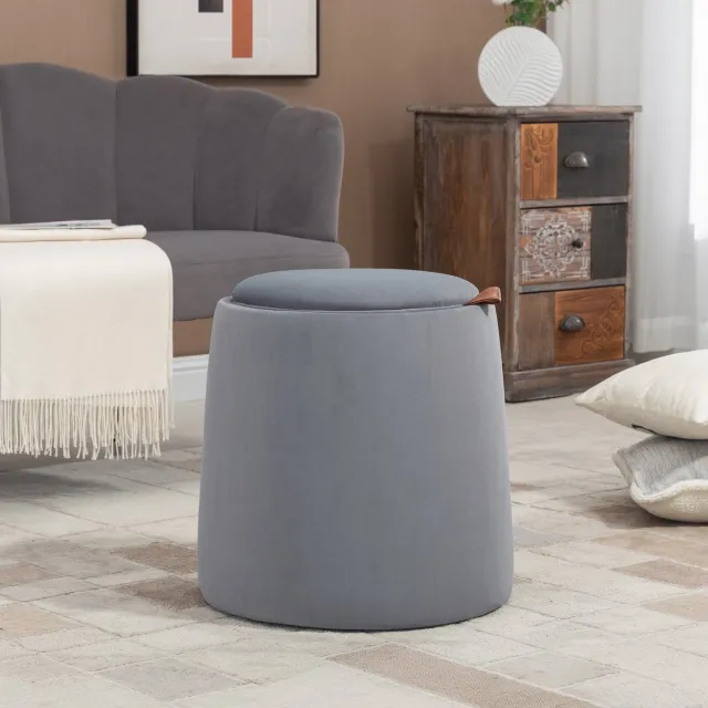 HAUSS SPOLE Poef - Ronde Opbergpoef - Afneembaar Omkeerbaar Deksel Als Bijzettafel - Voor Woonkamer En Familiekamer - Polyester Grijs