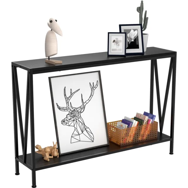 Danky Industriële Sidetable met 2 Niveaus - Smalle Consoletafel & Haltafel - Houtlook & Zwart Metaal - Wandtafel voor Woonkamer, Entree of Achter de Bank - 109 x 25 x 76 cm