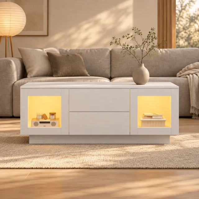 Maisentiel Salontafel 100 x 50 x 40 cm met LED, 2 laden en 2 kasten, MDF, wit