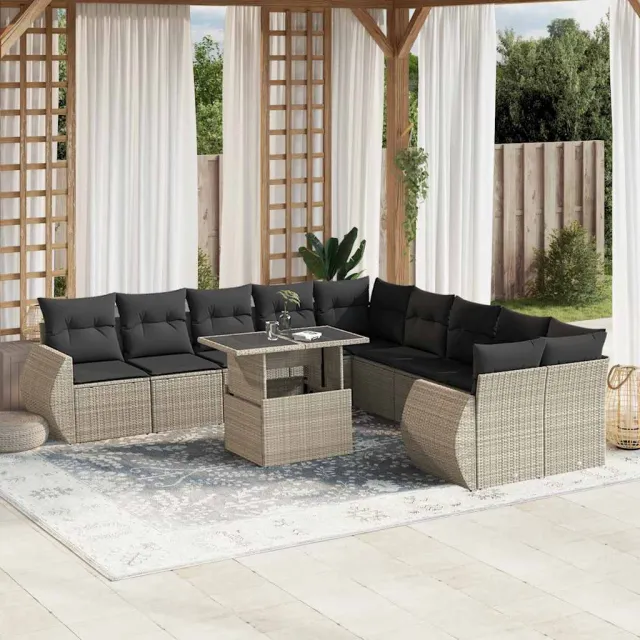 vidaXL 11-delige Loungeset met kussens poly rattan lichtgrijs grijs, foto 2